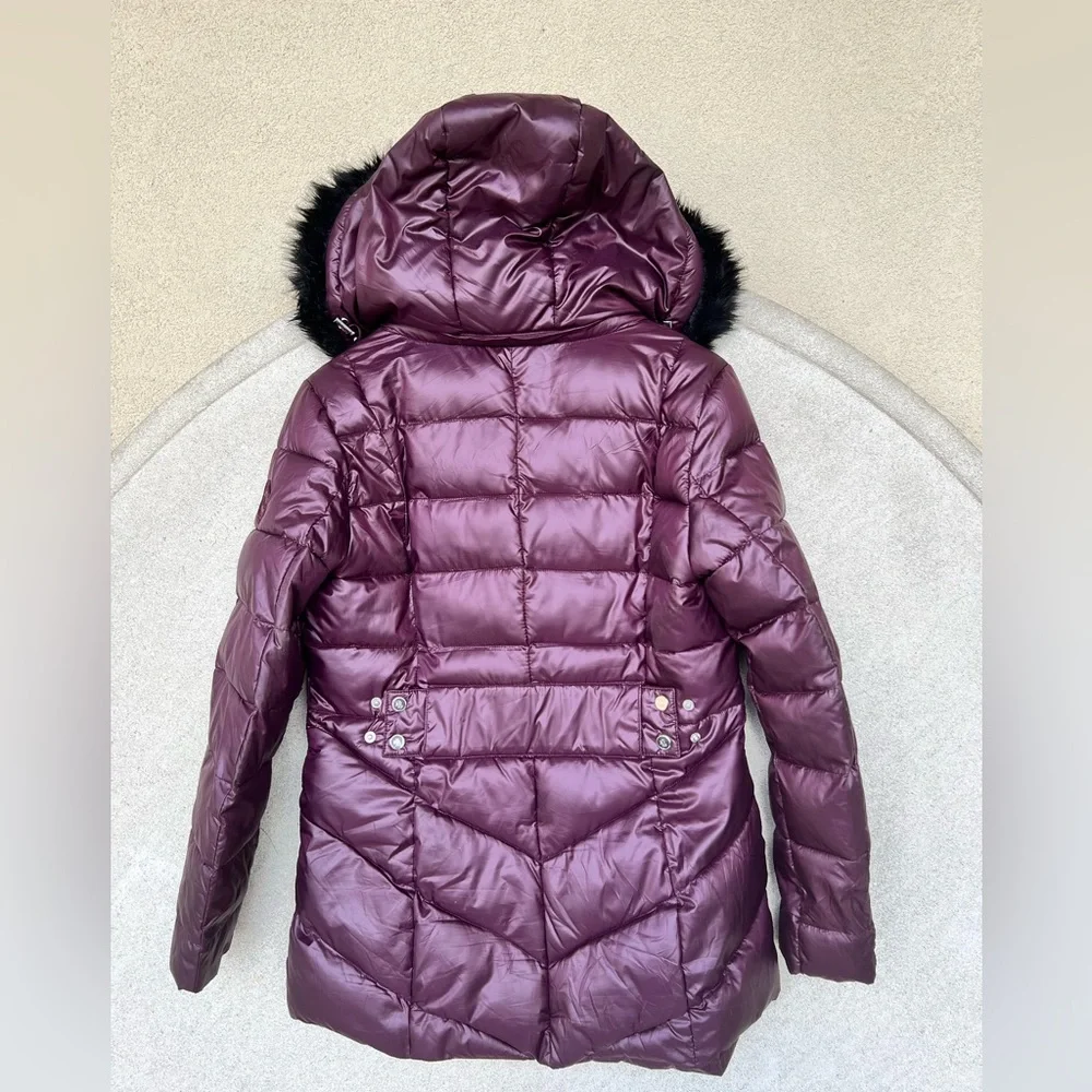 Lauren Ralph Lauren Plum Quilted Puffer Jacket Faux Fur Hood M - Picture 2 of 9
